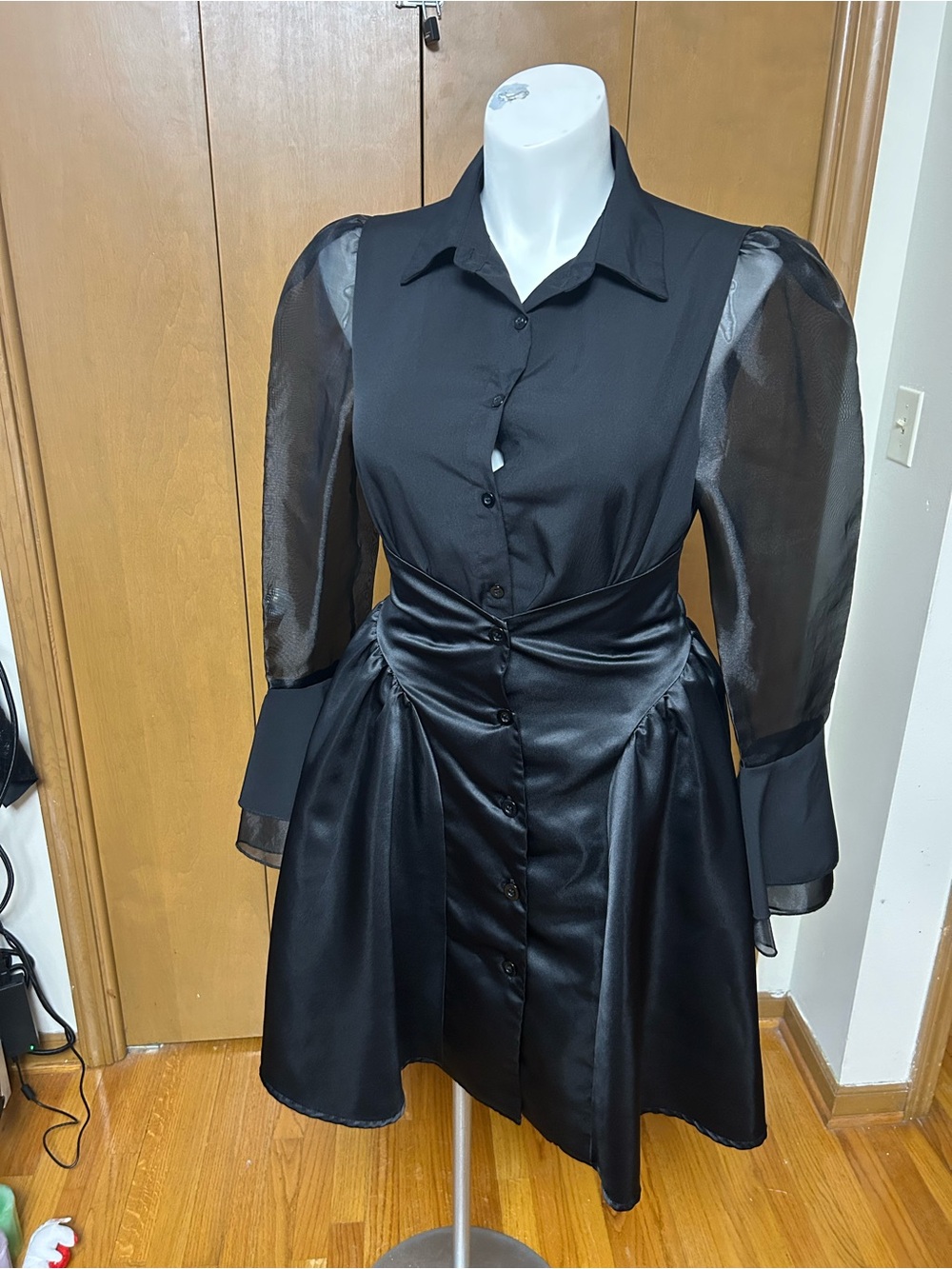 Black Satin Midi Skirt Dress with Sheer Puff Sleeves